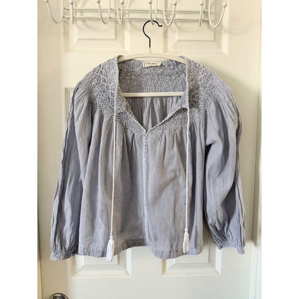 Lucky Brand Blue White Striped Smocked Peasant Blouse Tassel Tie Top Small